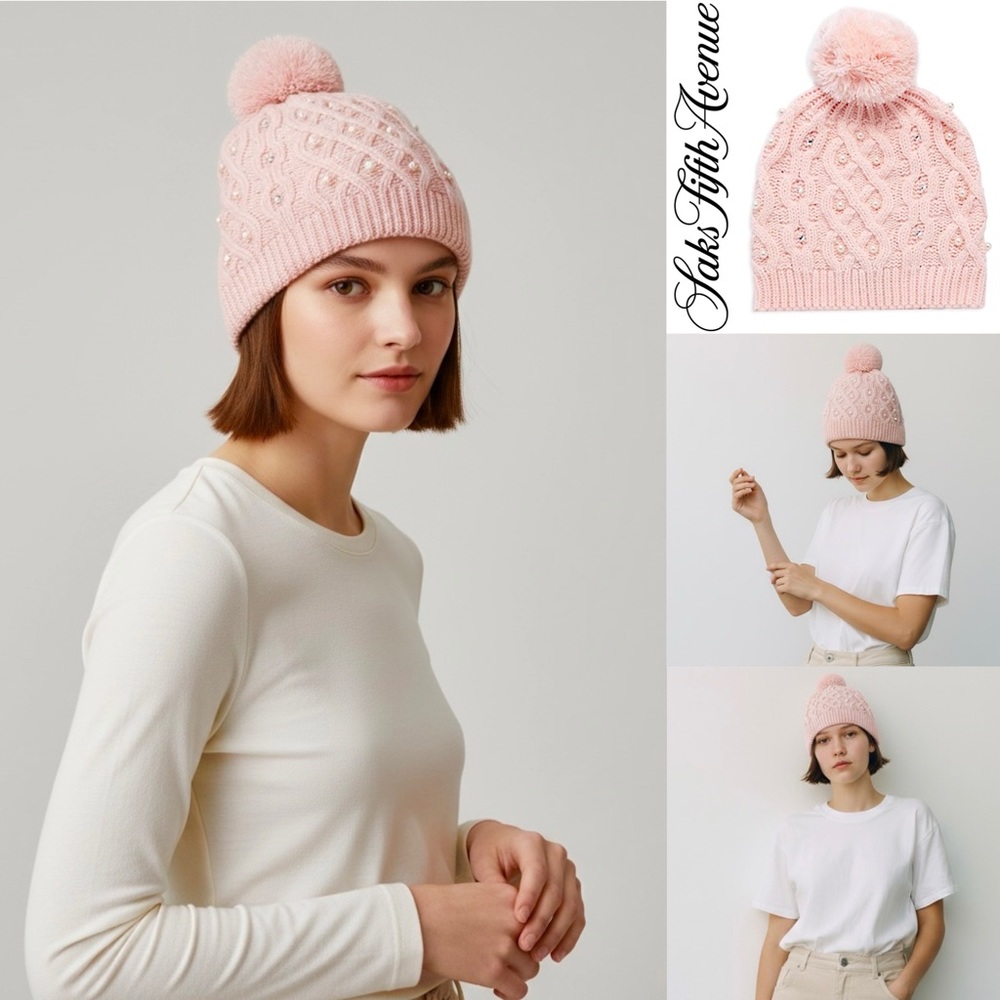 Beanie Pom-Pom Cable Knit Embellished Faux Pearls & Rhinestones Stretch